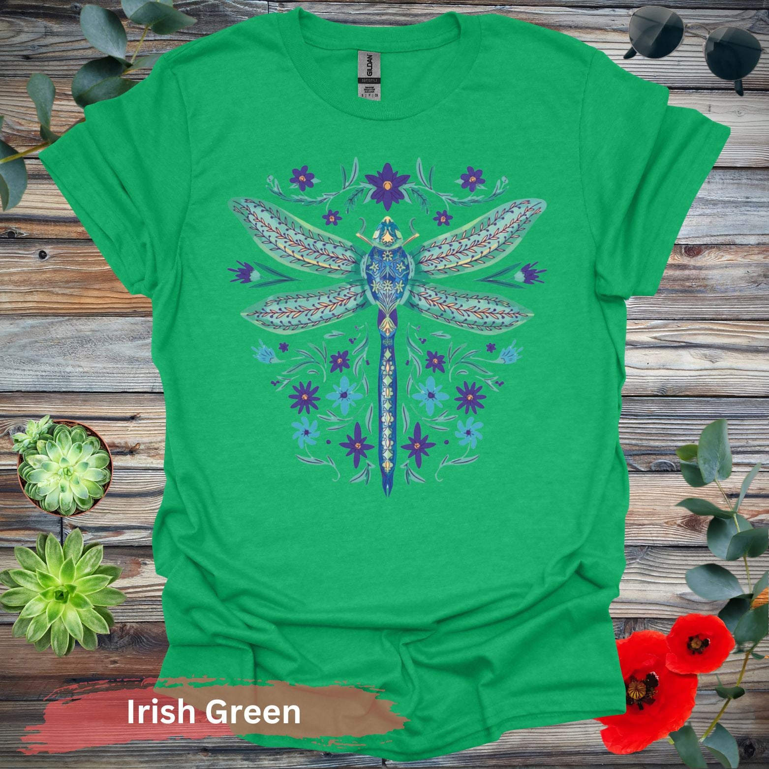 Dragonfly and Floral Graphic T-Shirt - S / Irish Green - Physical Item