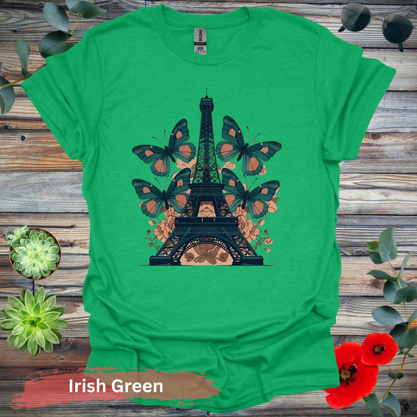 Eiffel Tower with Butterflies T-Shirt - S / Irish Green - Physical Item