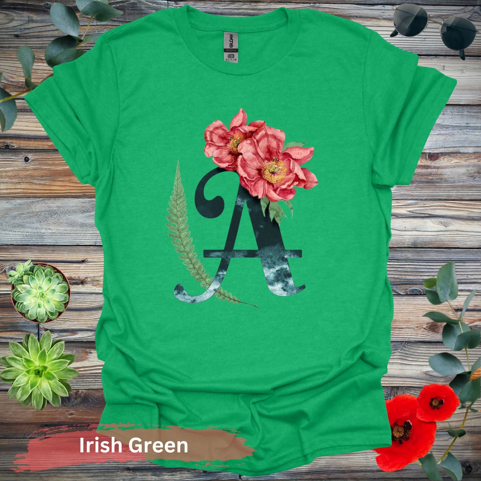 Floral Letter A T-shirt - S / Irish Green - Physical Item