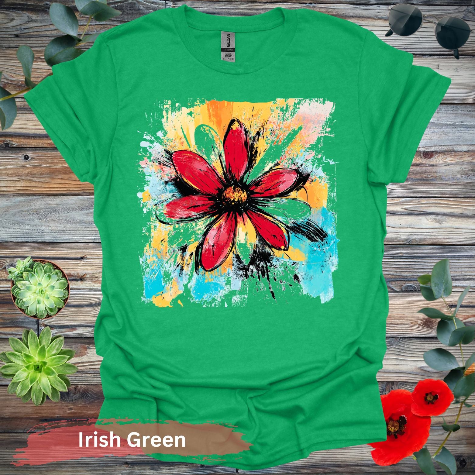 Vivid abstract daisy floral T-shirt - S / Irish Green - Physical Item