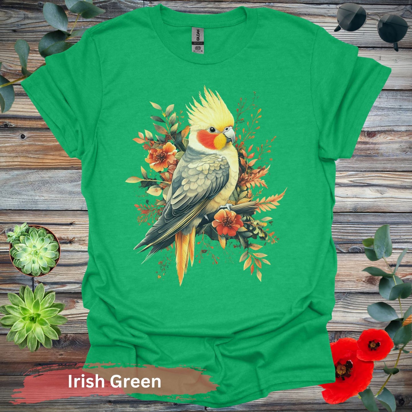 Vibrant Cockatiel and Floral Design T-Shirt - S / Irish Green - Physical Item