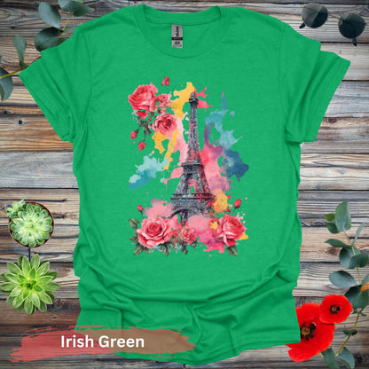 Eiffel Tower and Roses T-Shirt - S / Irish Green - Physical Item