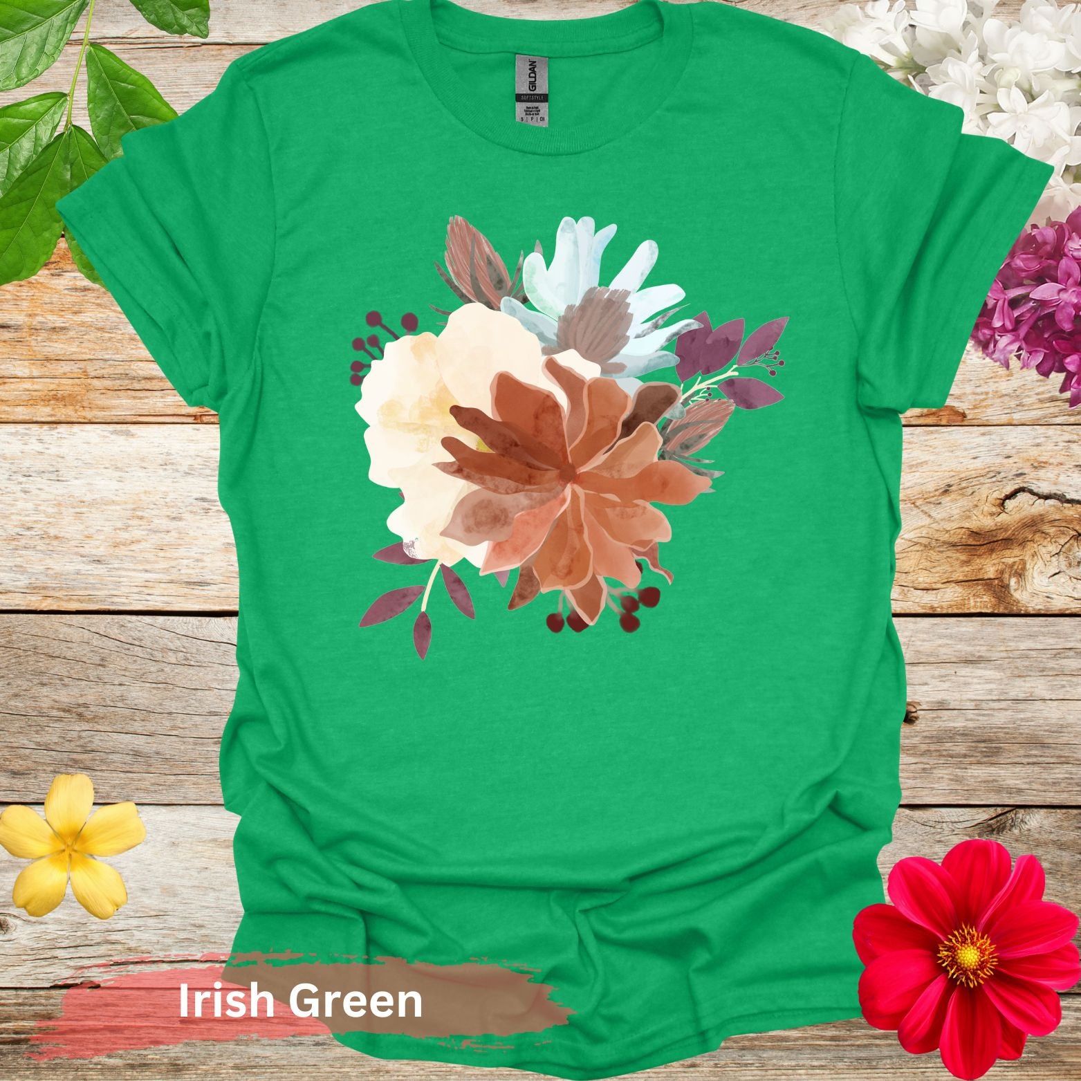 Colorful Floral Bouquet Design Graphic T-Shirt - S / Irish Green - Physical Item