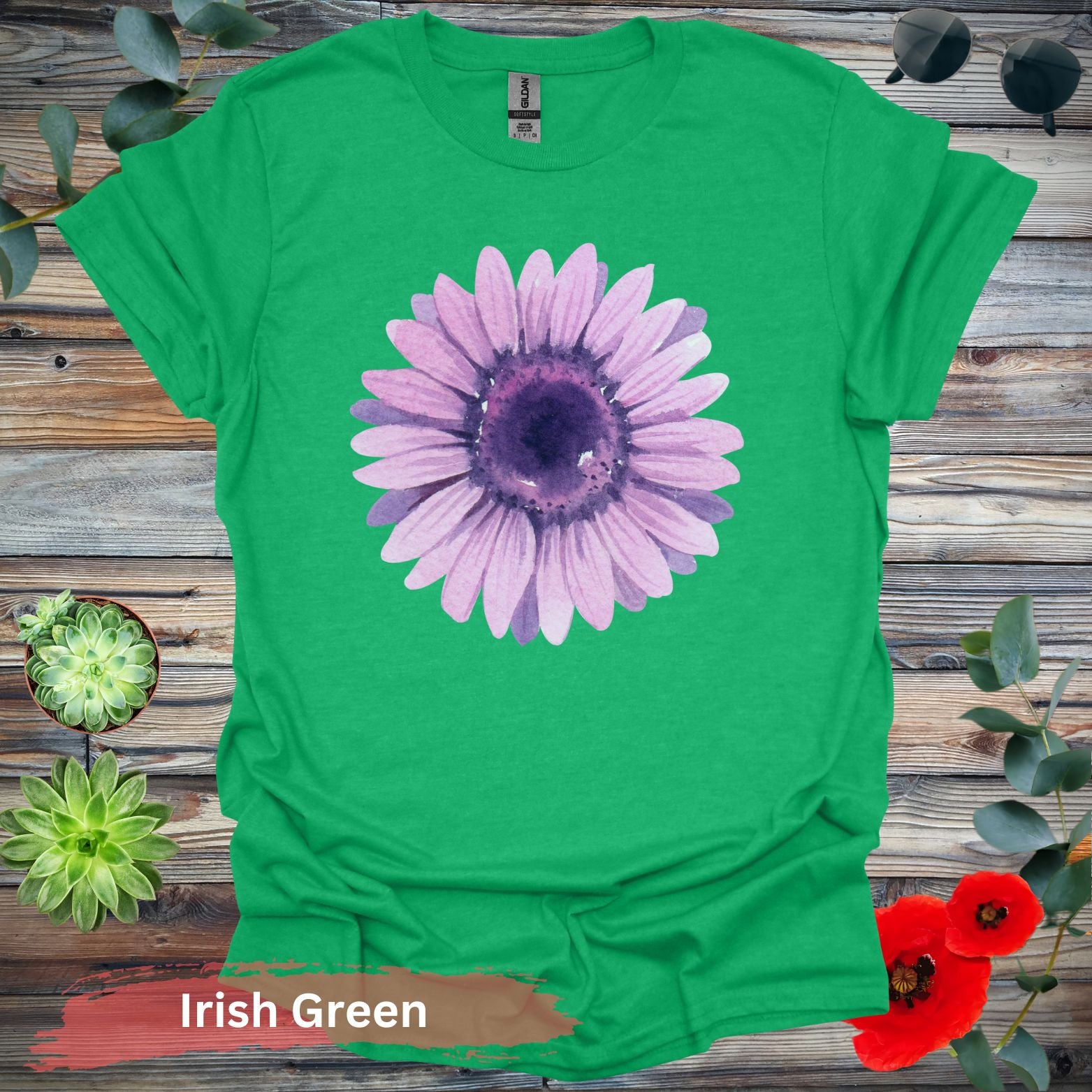 Purple Watercolor Flower T-shirt - S / Irish Green - Physical Item