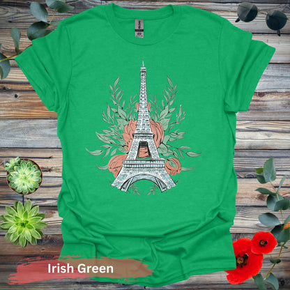 Eiffel Tower and Floral Design Graphic T-Shirt - S / Irish Green - Physical Item