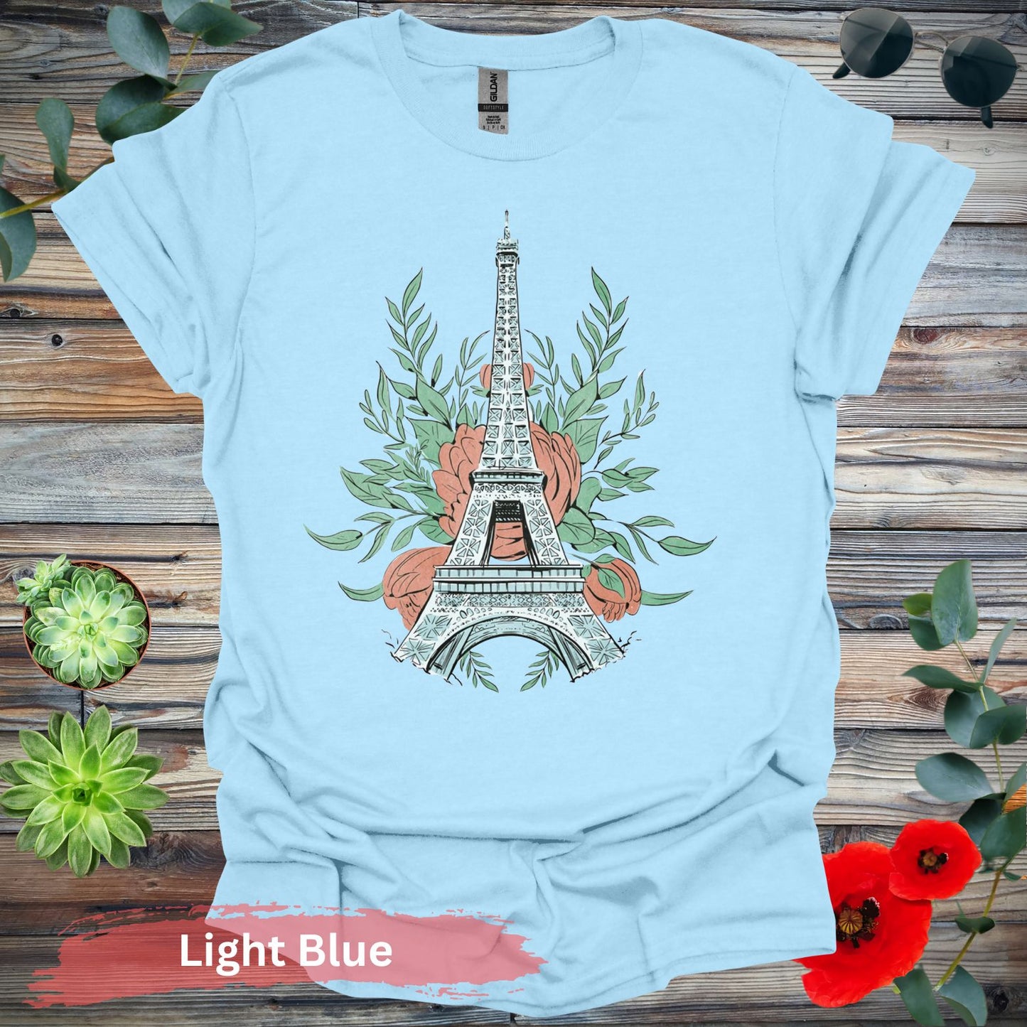 Eiffel Tower and Floral Design Graphic T-Shirt - S / Light Blue - Physical Item