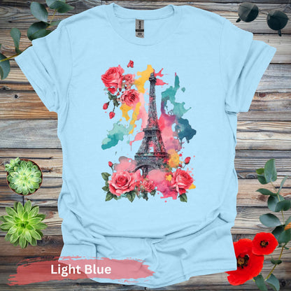 Eiffel Tower and Roses T-Shirt - S / Light Blue - Physical Item