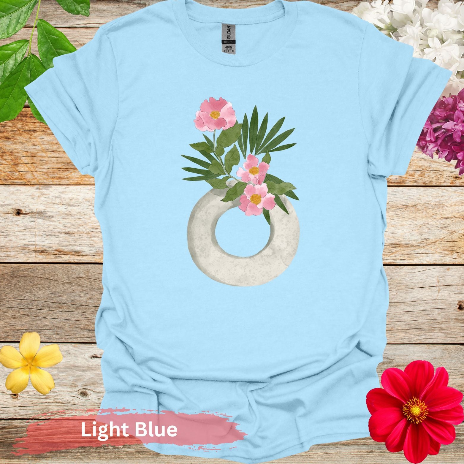 Watercolor Ikebana Camellia Floral T-Shirt - S / Light Blue - Physical Item