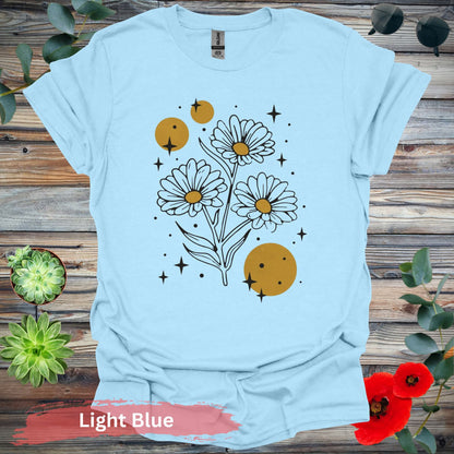 Daisy and Starburst Graphic Design T-Shirt - S / Light Blue - Physical Item