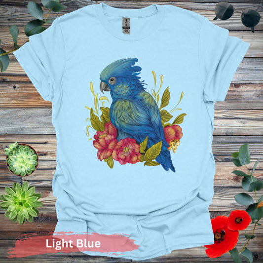 Blue Parrot With Red Flowers T-Shirt - S / Light - Physical Item