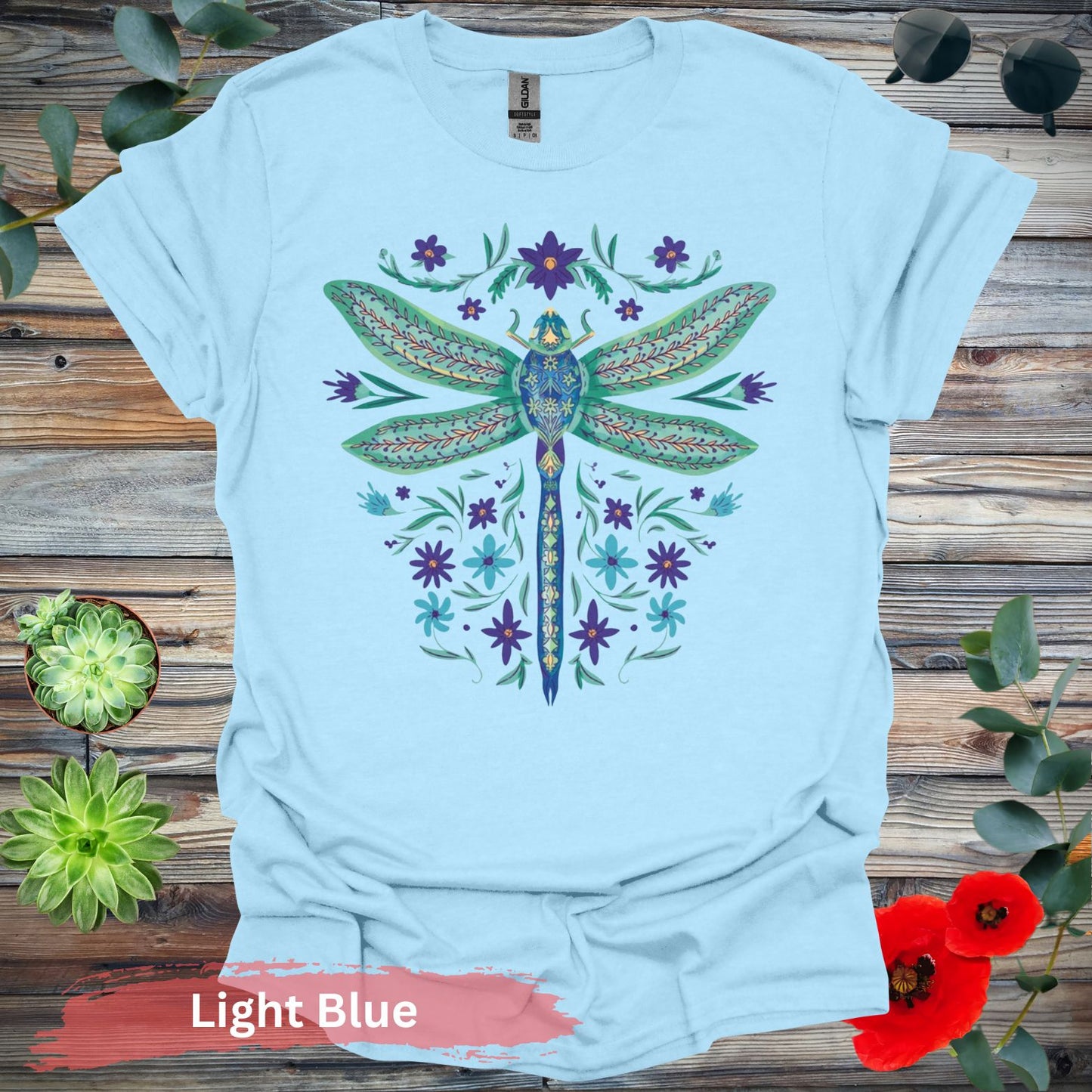 Dragonfly and Floral Graphic T-Shirt - S / Light Blue - Physical Item