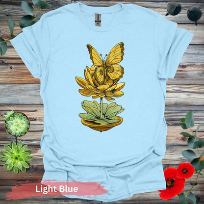 Steampunk-inspired Butterfly and Lotus T-Shirt - S / Light Blue - Physical Item