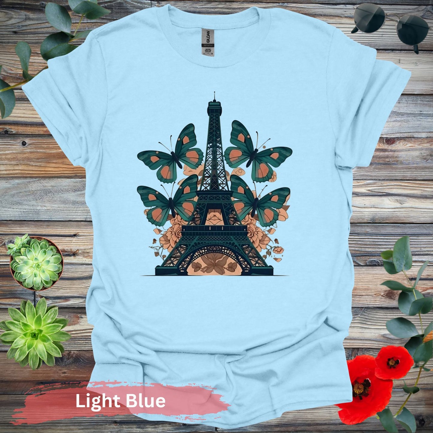 Eiffel Tower with Butterflies T-Shirt - S / Light Blue - Physical Item