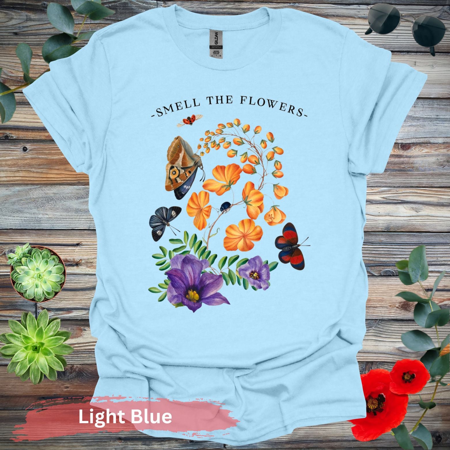 Smell The Flowers Colorful Butterfly T-Shirt - S / Light Blue - Physical Item