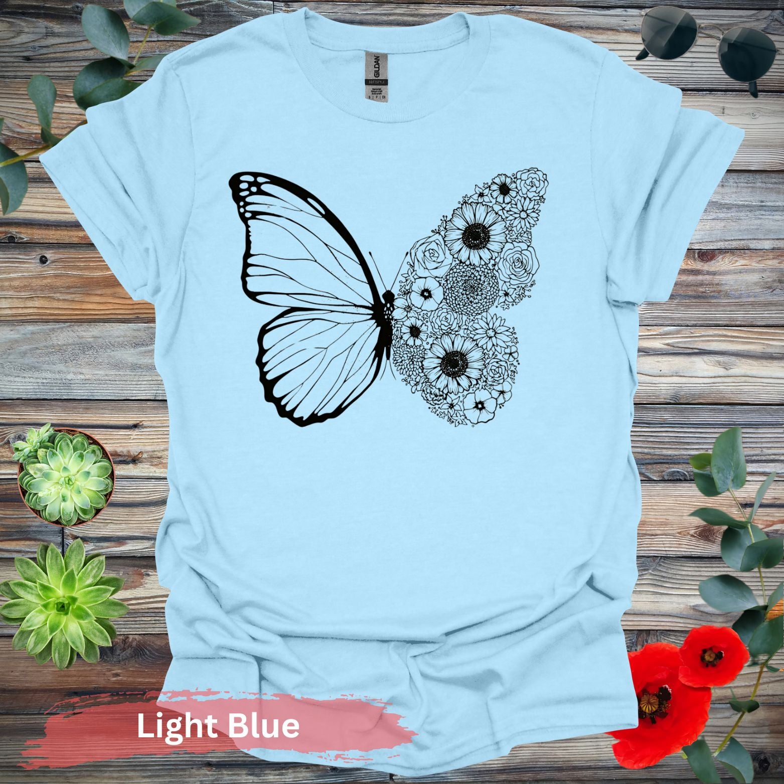 Floral and Butterfly T-Shirt - S / Light Blue - Physical Item