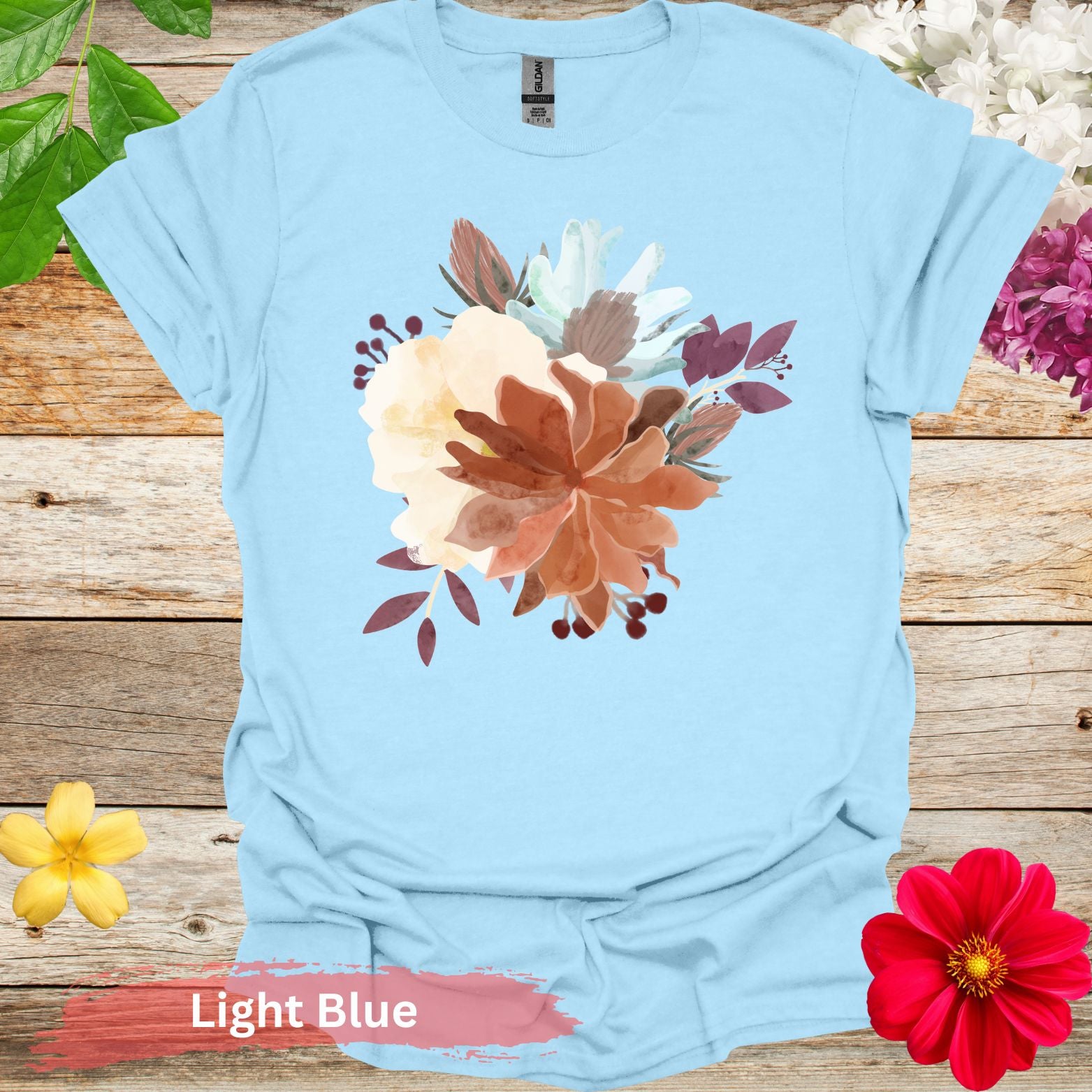 Colorful Floral Bouquet Design Graphic T-Shirt - S / Light Blue - Physical Item