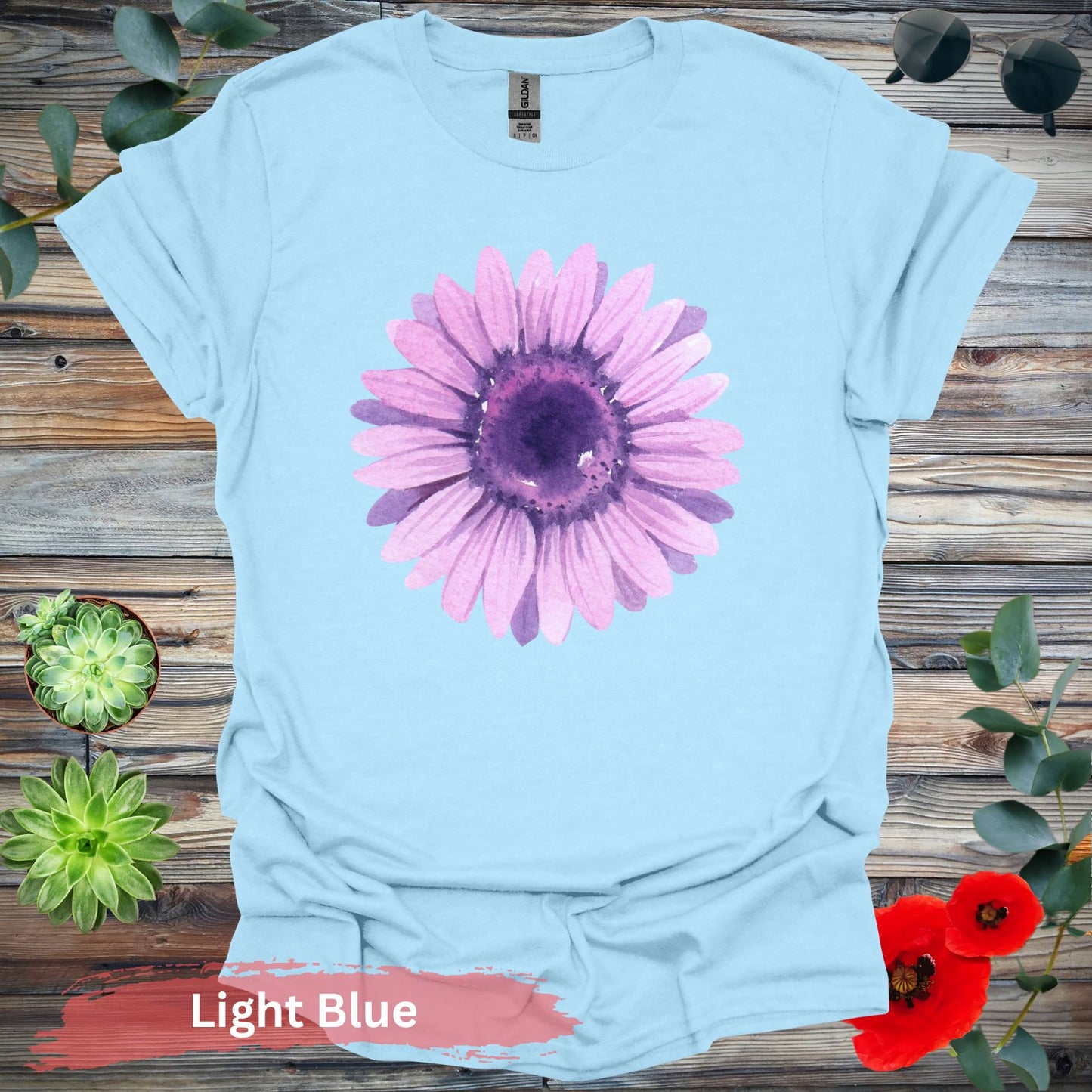 Purple Watercolor Flower T-shirt - S / Light Blue - Physical Item