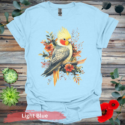 Vibrant Cockatiel and Floral Design T-Shirt - S / Light Blue - Physical Item