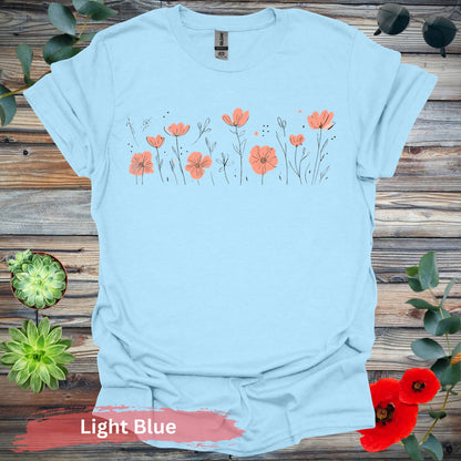 Orange Flowers Line Art T-Shirt - S / Light Blue - Physical Item