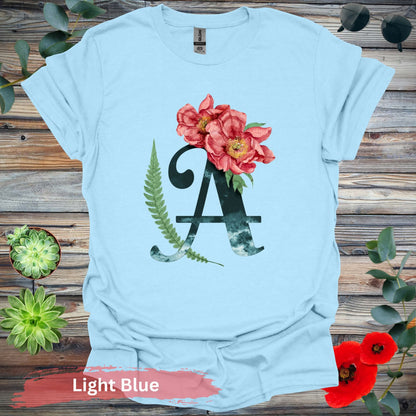 Floral Letter A T-shirt - S / Light Blue - Physical Item