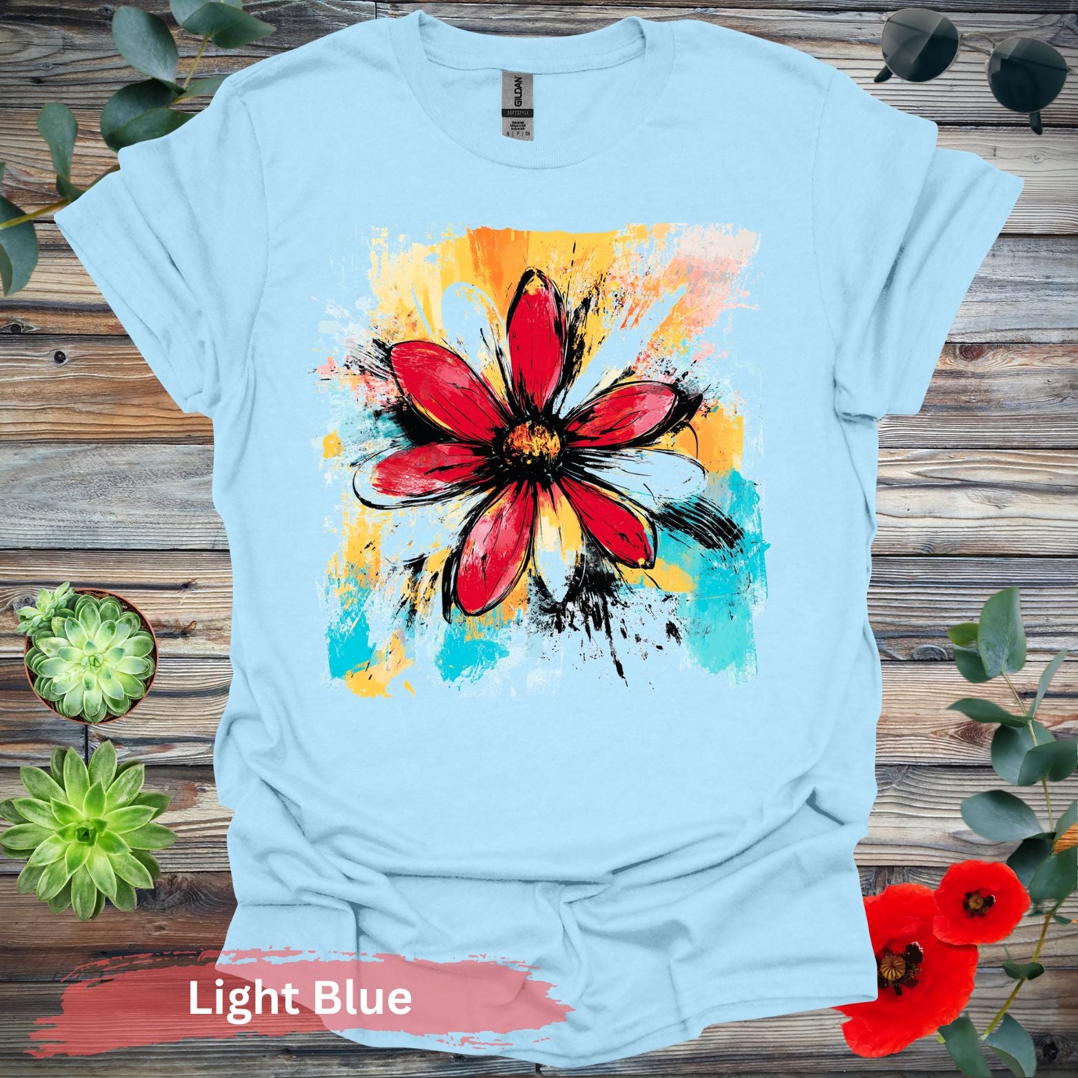 Vivid abstract daisy floral T-shirt - S / Light Blue - Physical Item