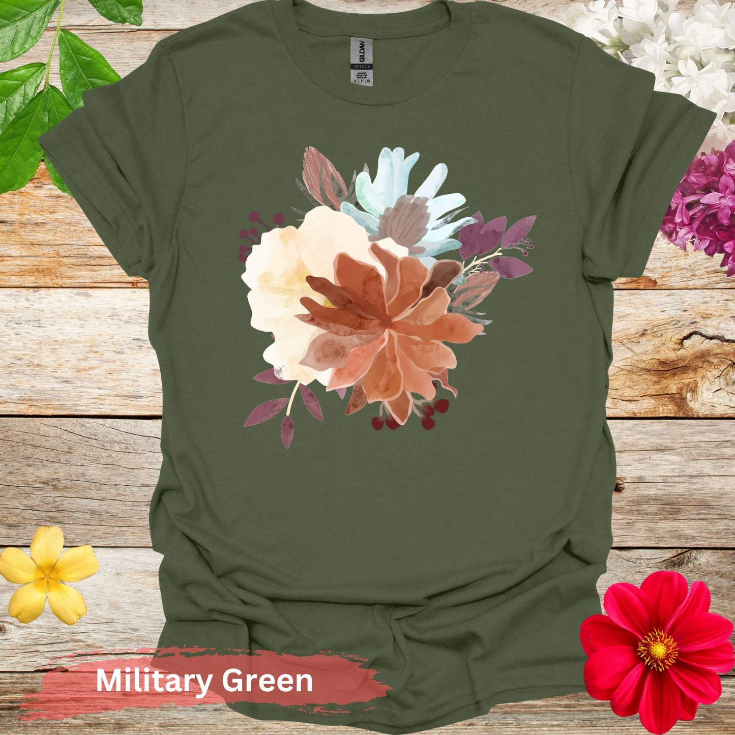 Colorful Floral Bouquet Design Graphic T-Shirt - S / Military Green - Physical Item