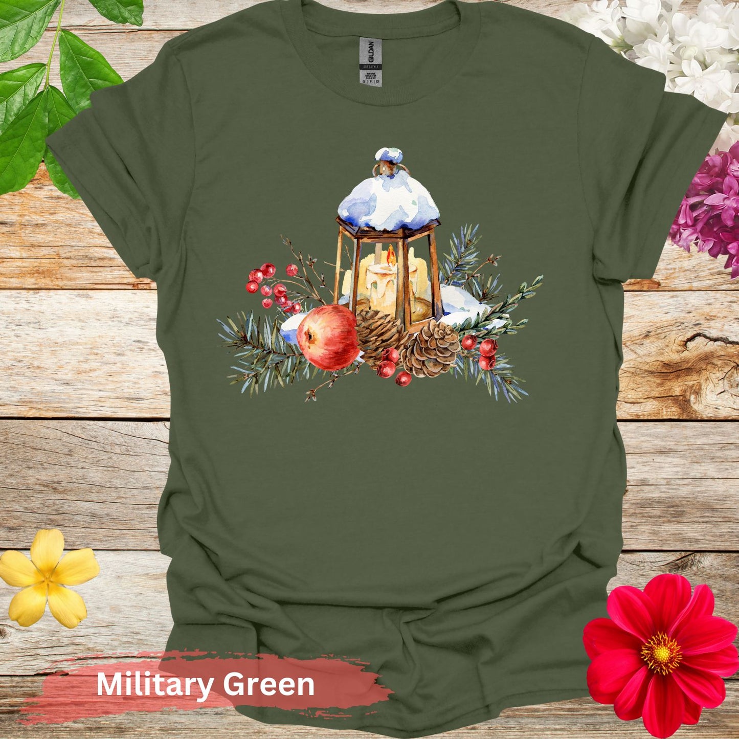 Pinecones and Apples T-Shirt - S / Military Green - Physical Item