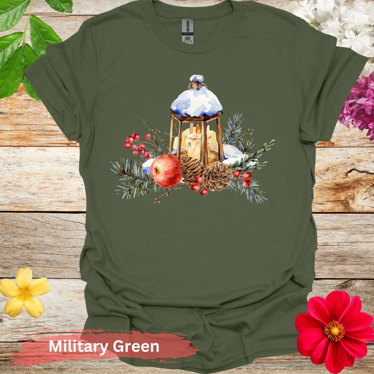 Pinecones and Apples T-Shirt - S / Military Green - Physical Item