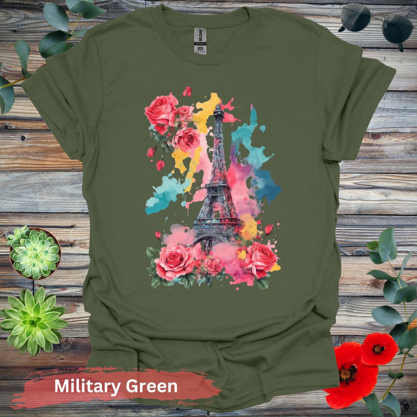 Eiffel Tower and Roses T-Shirt - S / Military Green - Physical Item