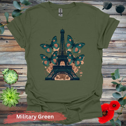 Eiffel Tower with Butterflies T-Shirt - S / Military Green - Physical Item