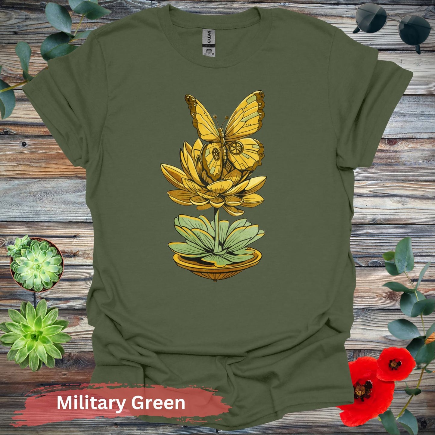 Steampunk-inspired Butterfly and Lotus T-Shirt - S / Military Green - Physical Item