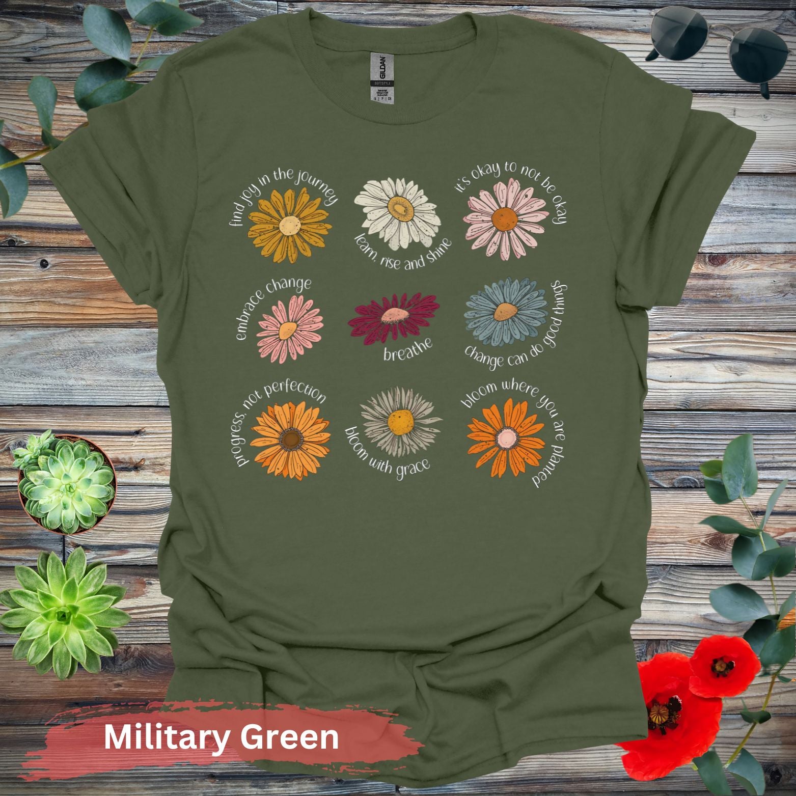 Inspirational Floral T-Shirt - S / Military Green - Physical Item