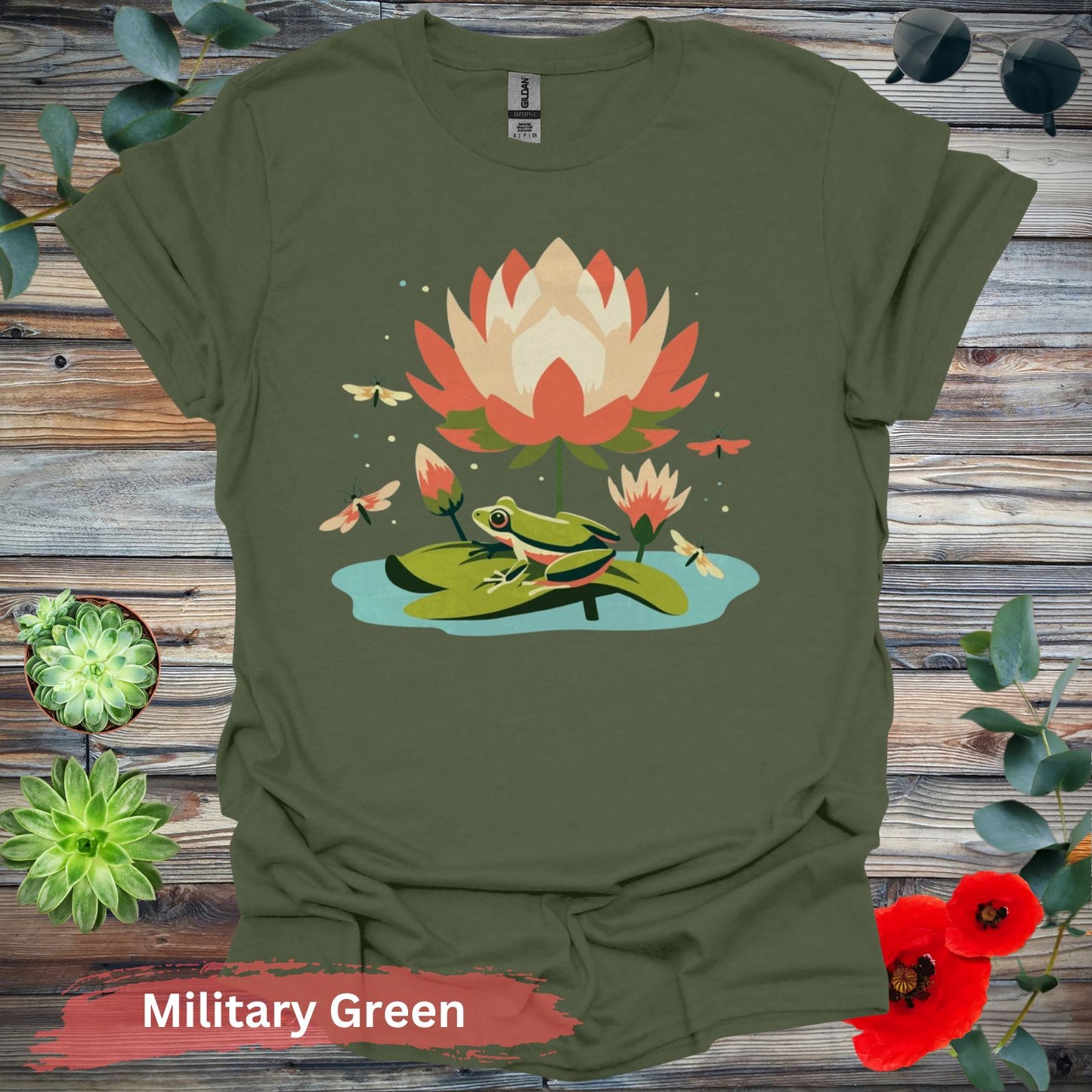 Frog on Lily Pad T-Shirt - S / Military Green - Physical Item