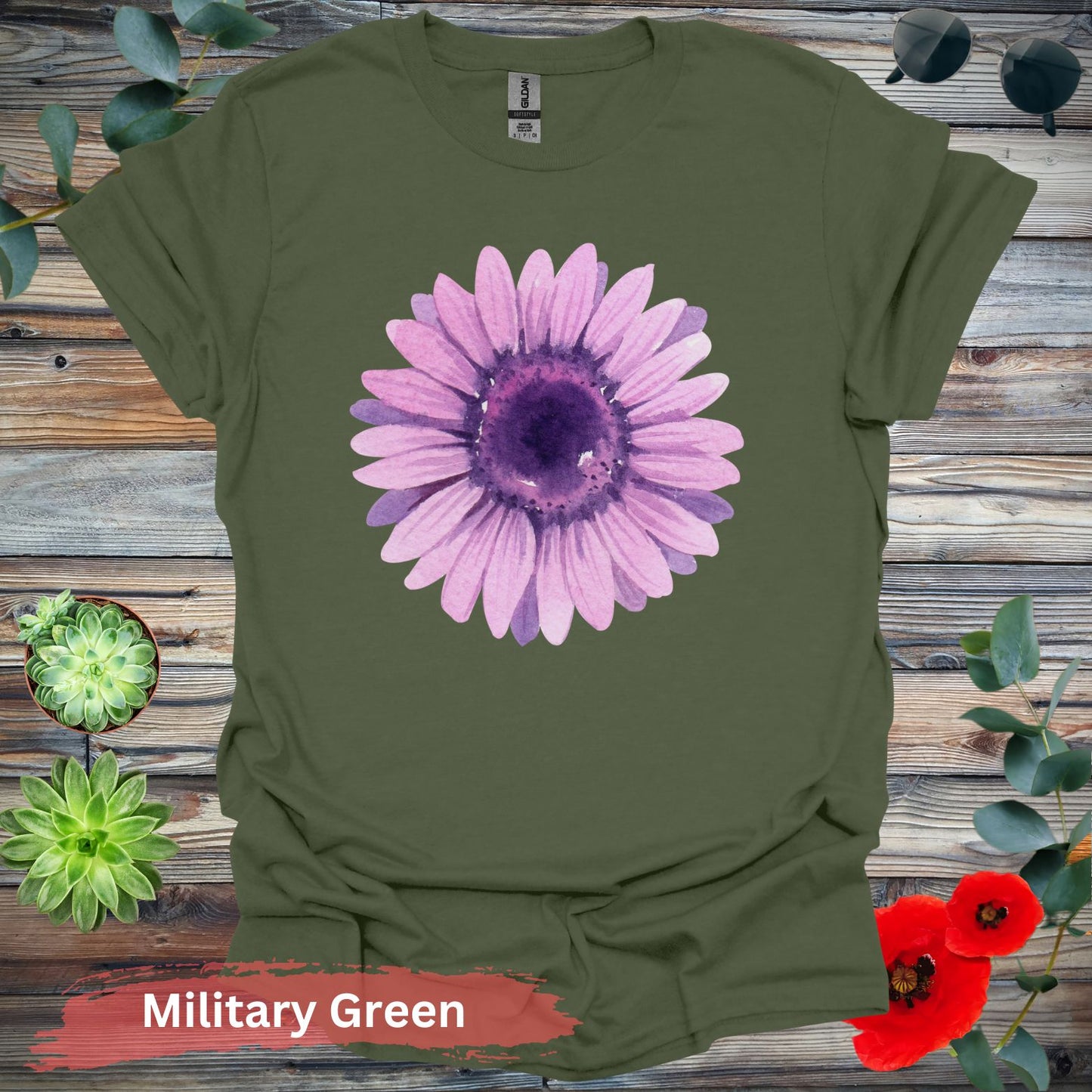 Purple Watercolor Flower T-shirt - S / Military Green - Physical Item