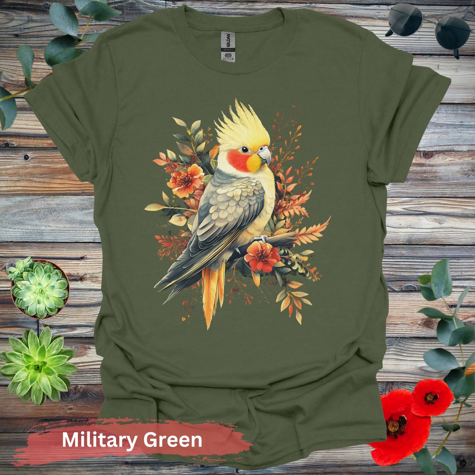 Vibrant Cockatiel and Floral Design T-Shirt - S / Military Green - Physical Item