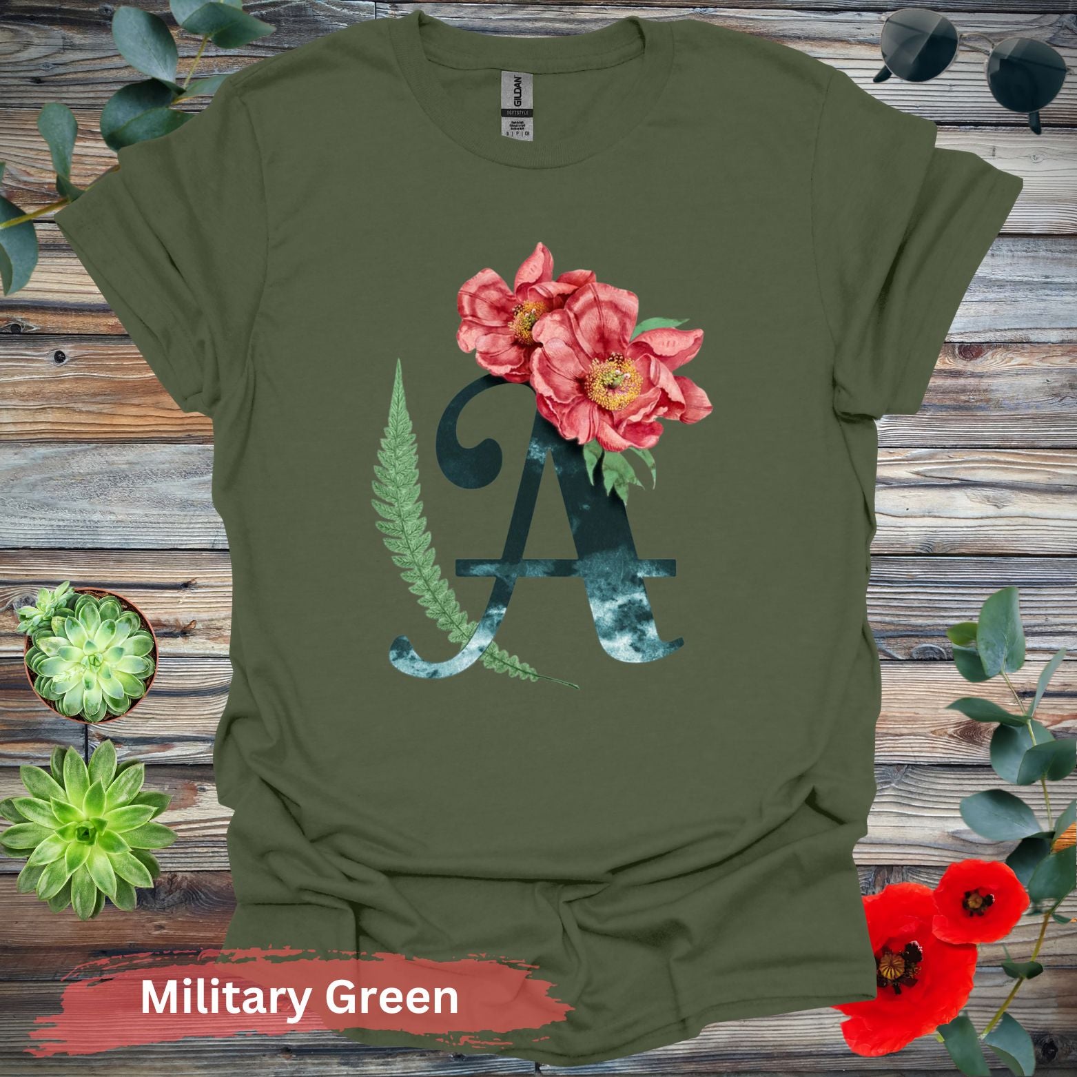 Floral Letter A T-shirt - S / Military Green - Physical Item