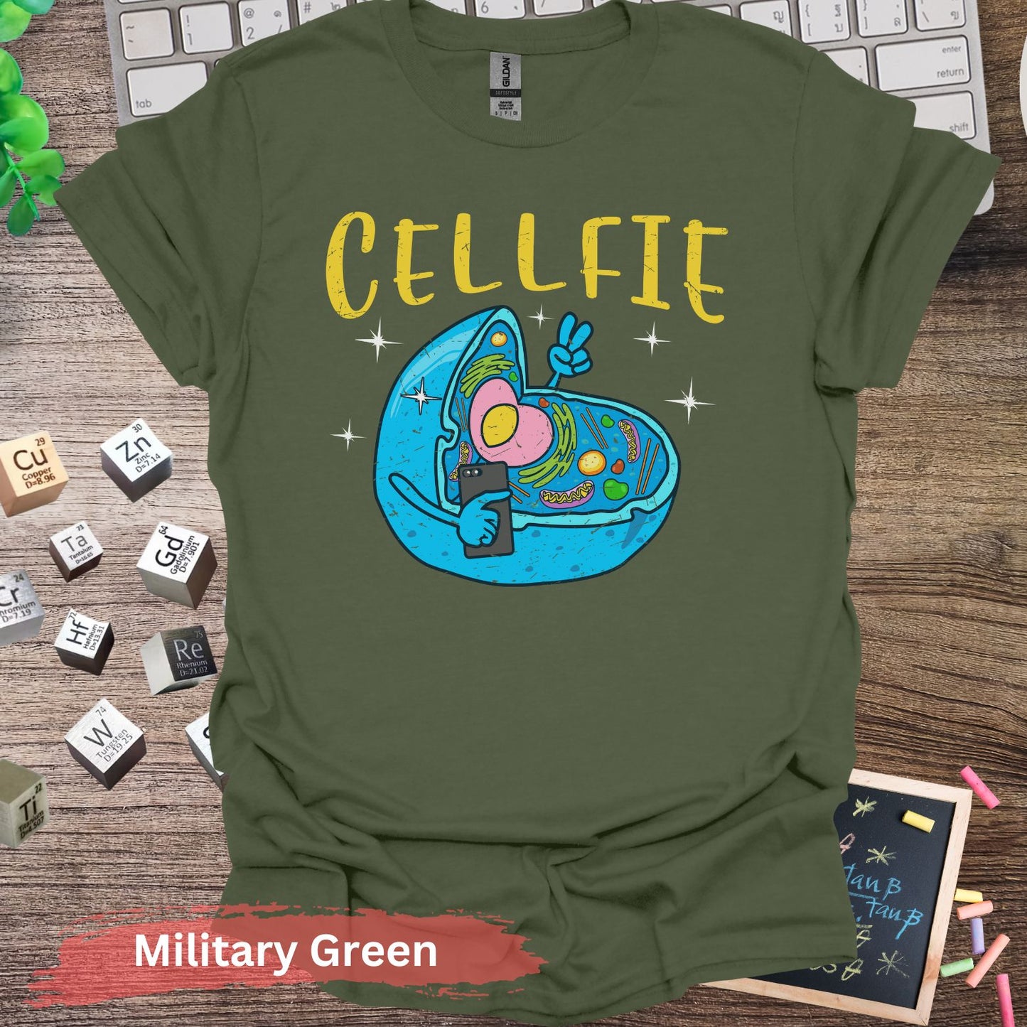 Funny Cellfie Biology T-Shirt - Military Green / S - Physical Item