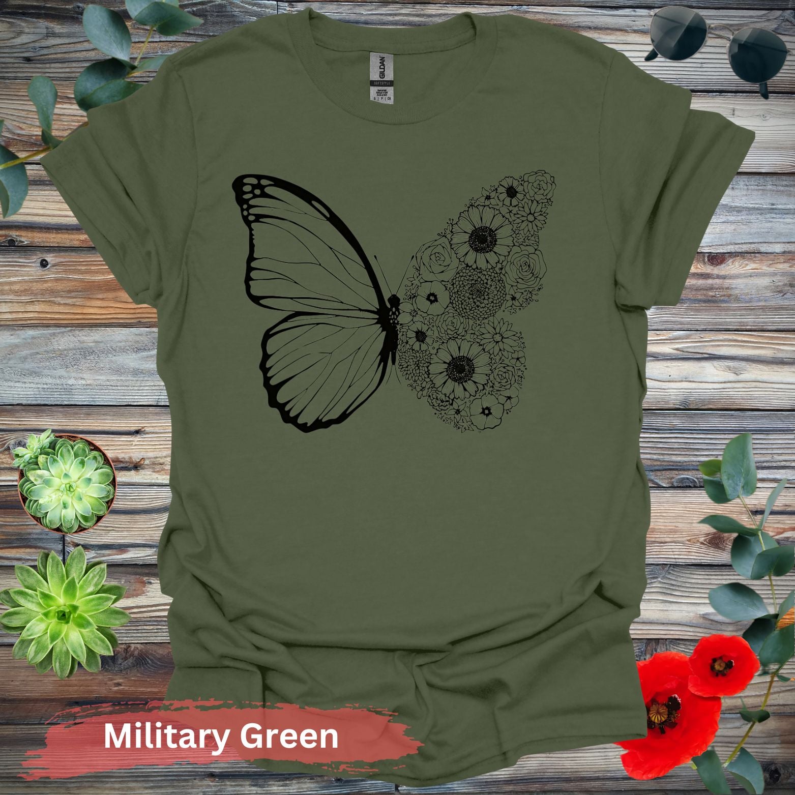 Floral and Butterfly T-Shirt - S / Military Green - Physical Item