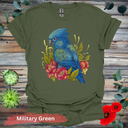 Blue Parrot With Red Flowers T-Shirt - S / Military Green - Physical Item