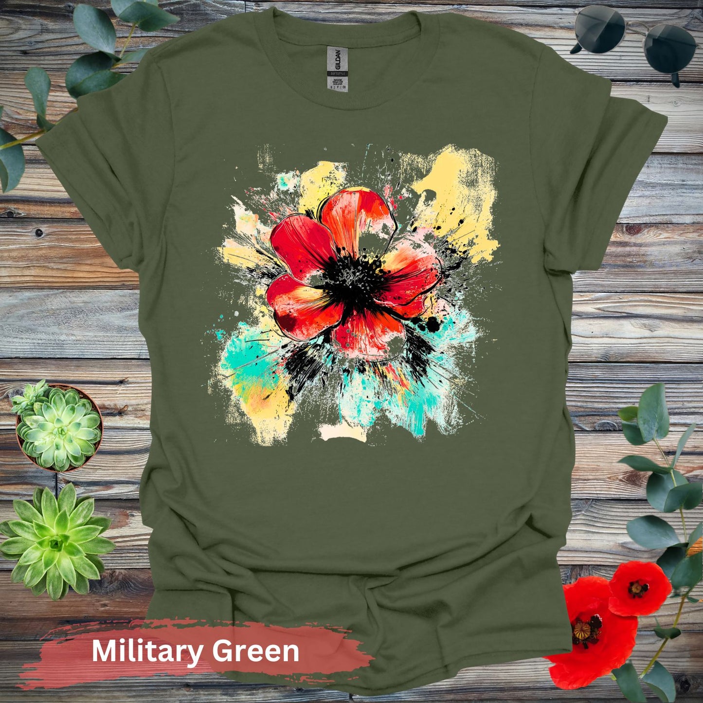 Vivid abstract daisy Graphic T-shirt - S / Military Green - Physical Item