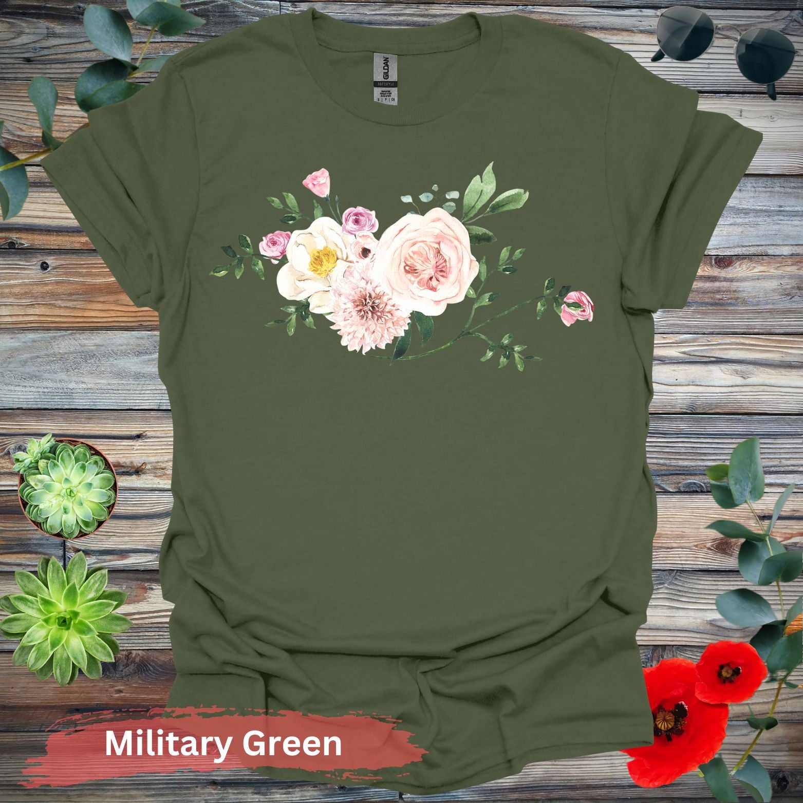 Floral Bouquet T-Shirt - S / Military Green - Physical Item