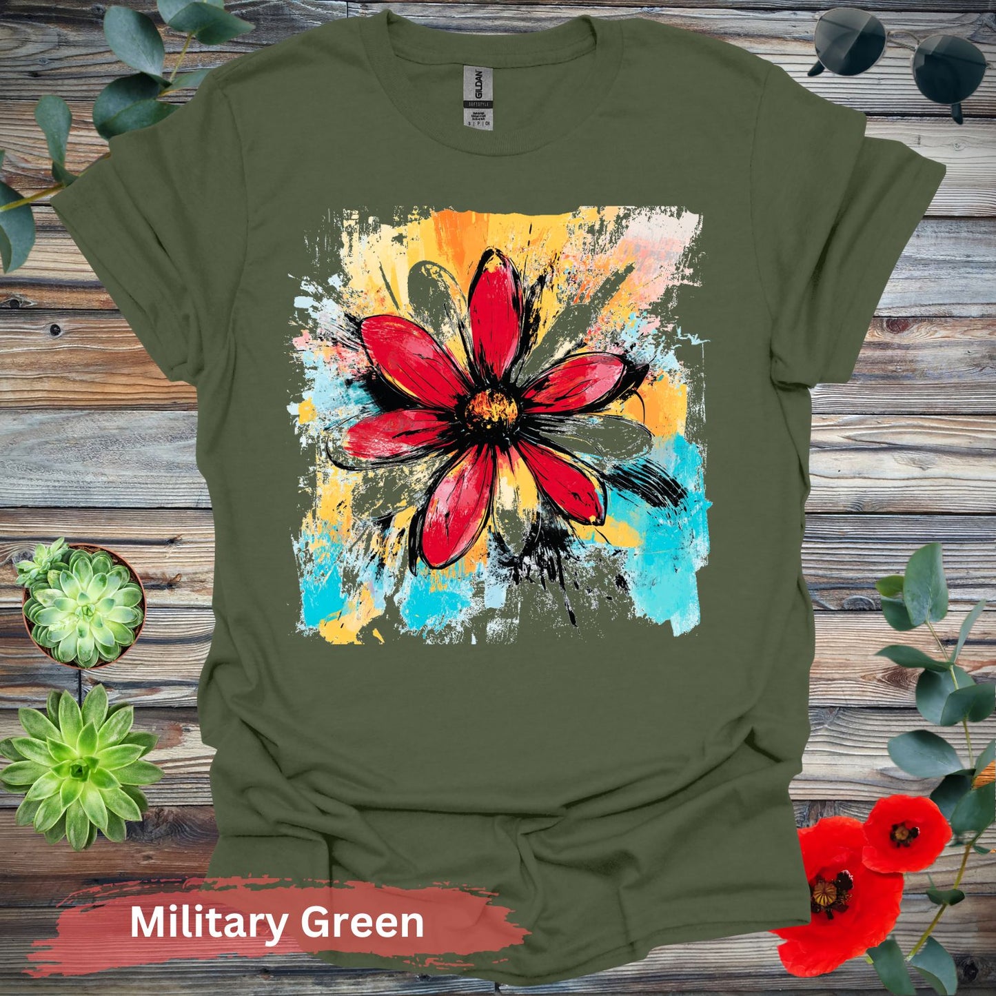 Vivid abstract daisy floral T-shirt - S / Military Green - Physical Item