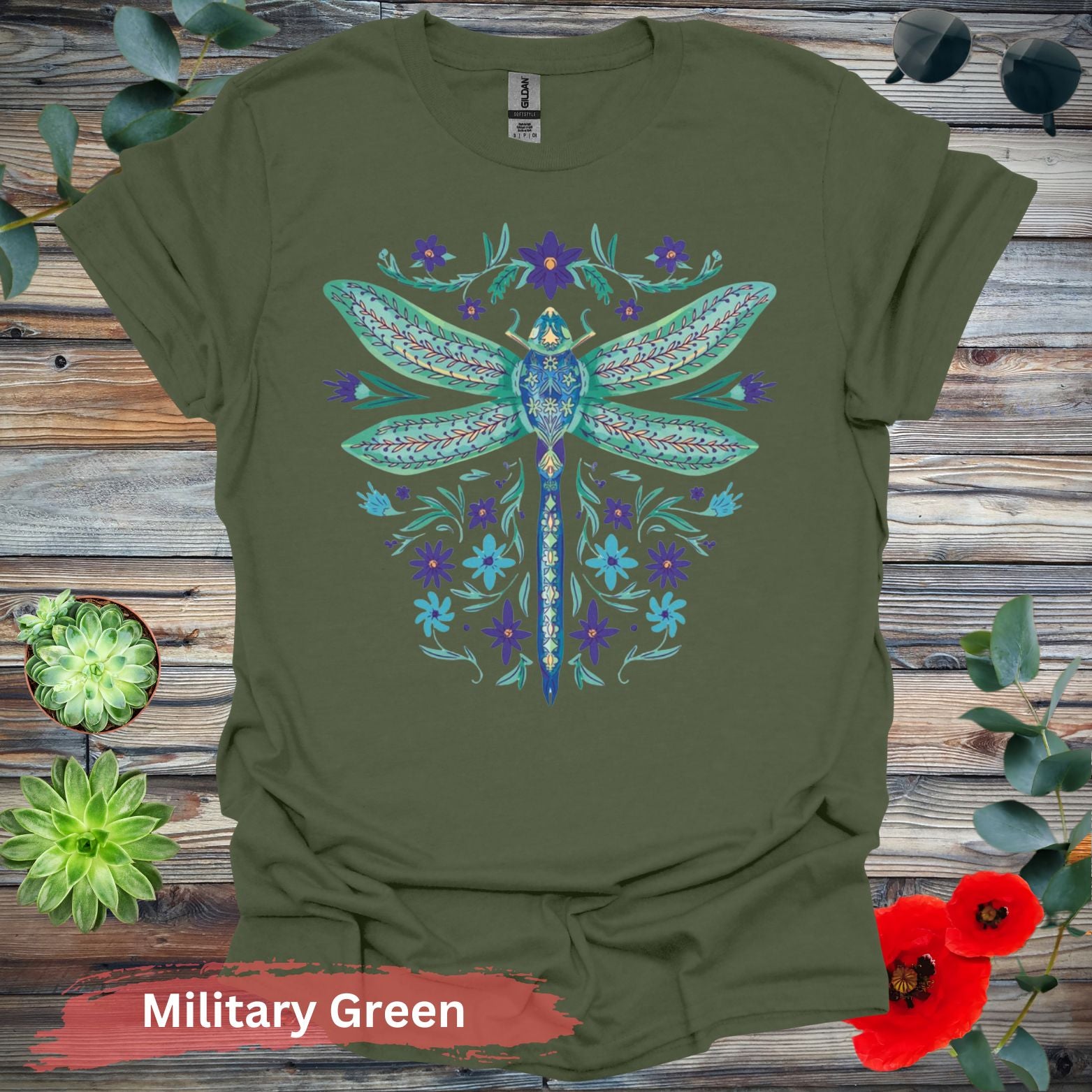 Dragonfly and Floral Graphic T-Shirt - S / Military Green - Physical Item