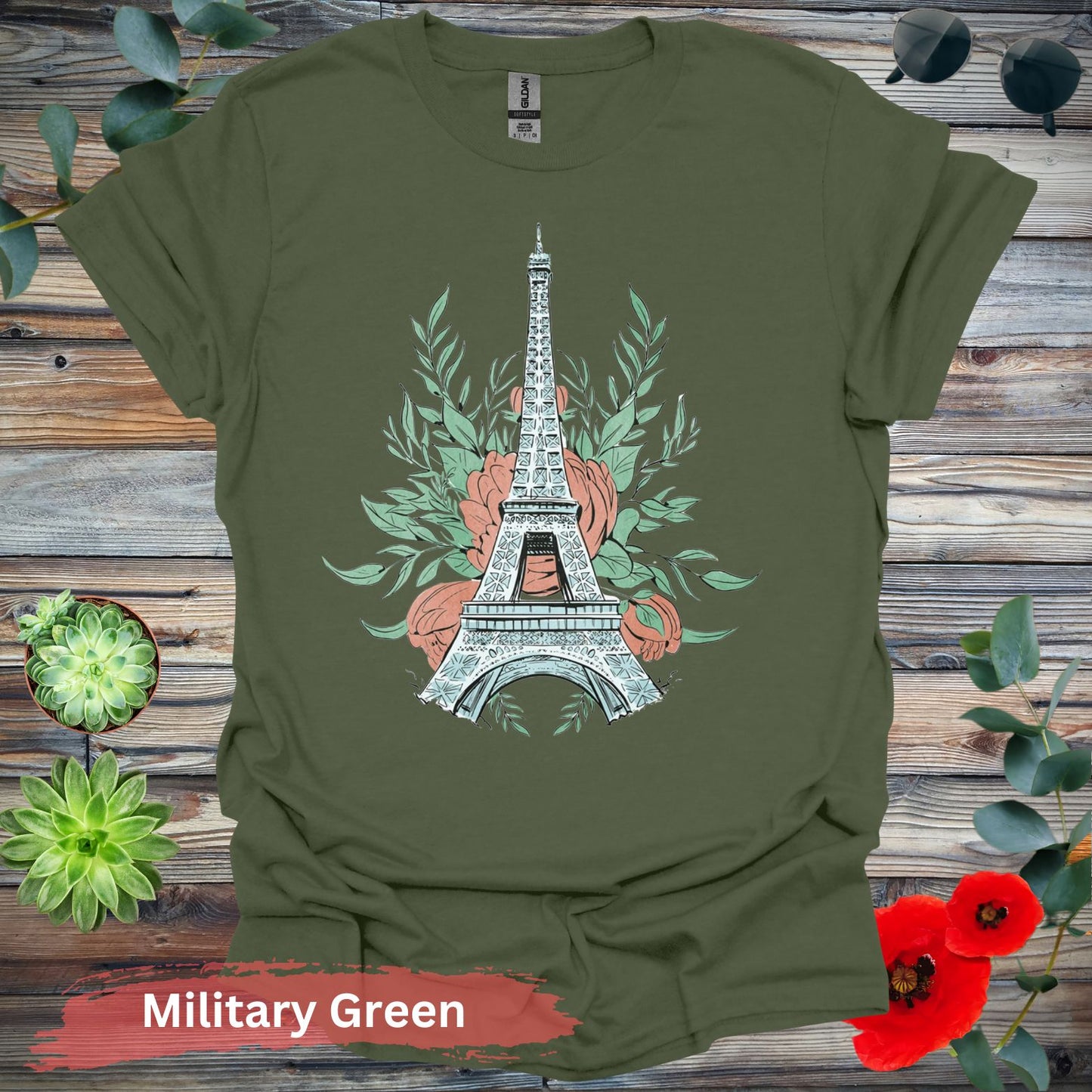 Eiffel Tower and Floral Design Graphic T-Shirt - S / Military Green - Physical Item