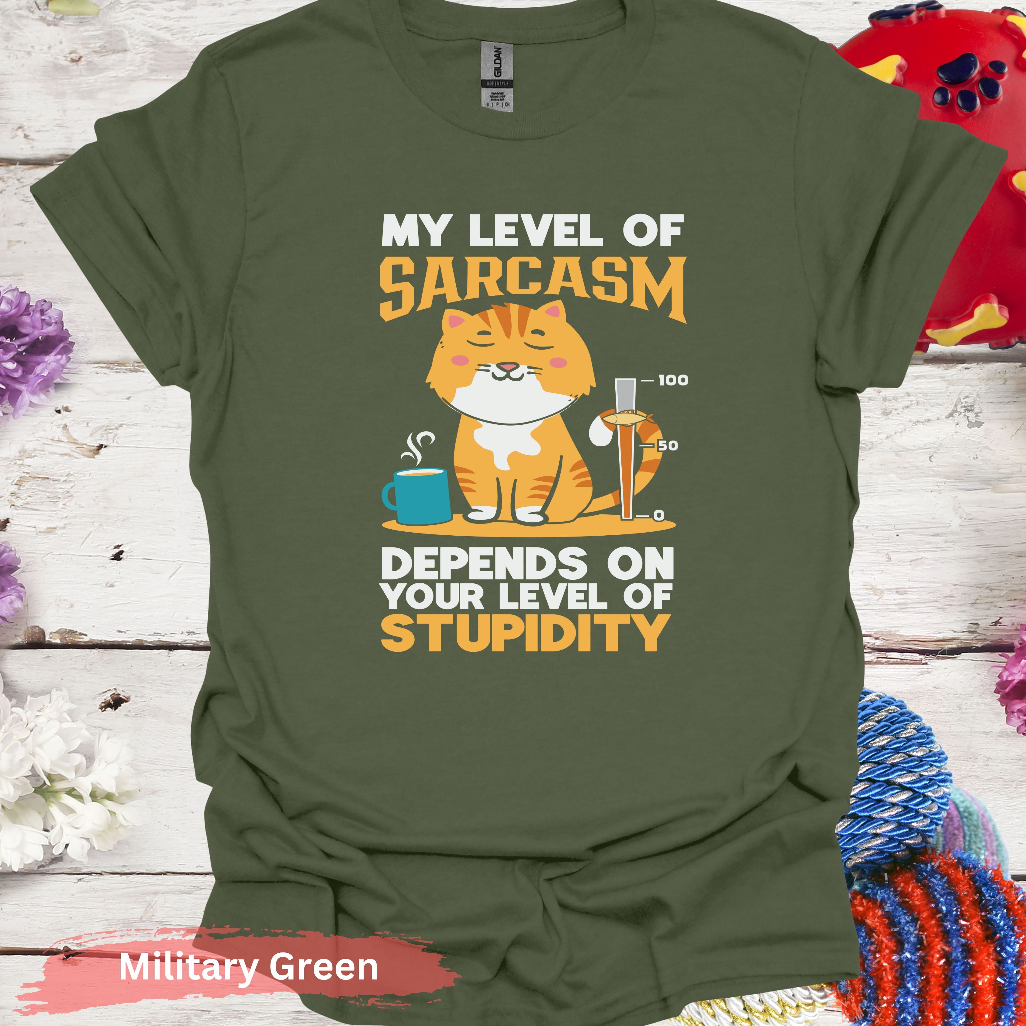 My level of sarcasm cat T-Shirt - S / Military Green - Physical Item