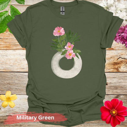 Watercolor Ikebana Camellia Floral T-Shirt - S / Military Green - Physical Item