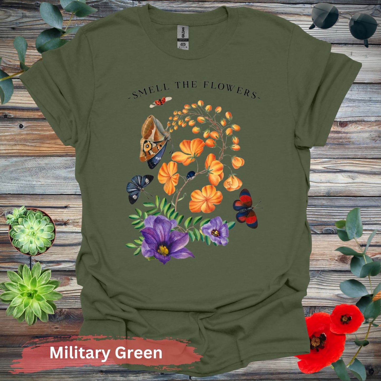 Smell The Flowers Colorful Butterfly T-Shirt - S / Military Green - Physical Item