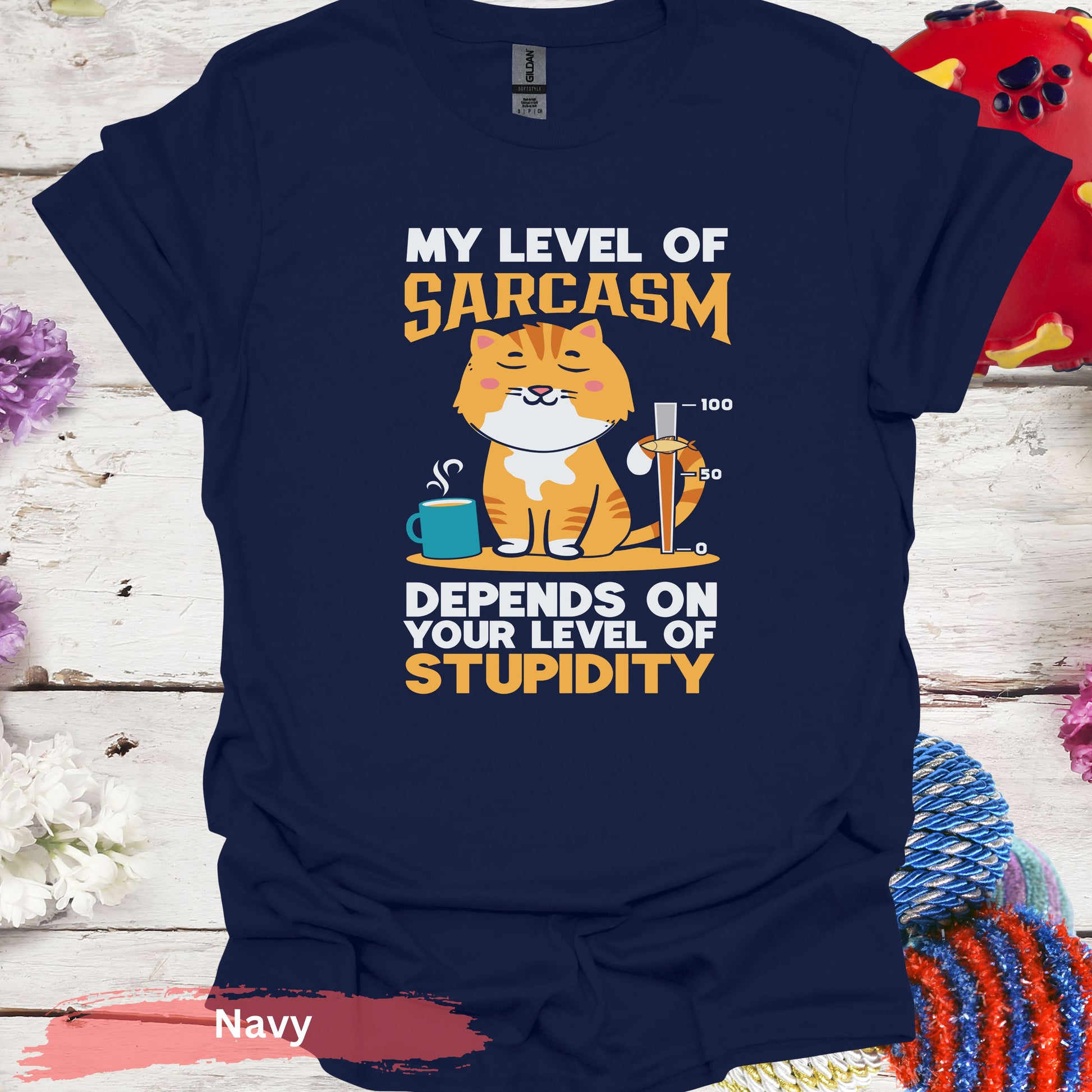 My level of sarcasm cat T-Shirt - S / Navy - Physical Item