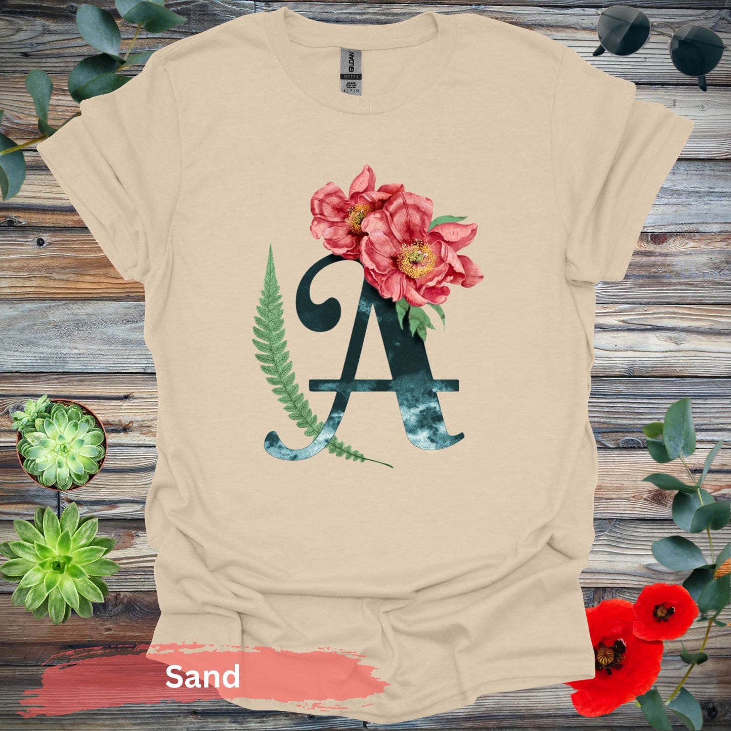 Floral Letter A T-shirt - S / Sand - Physical Item