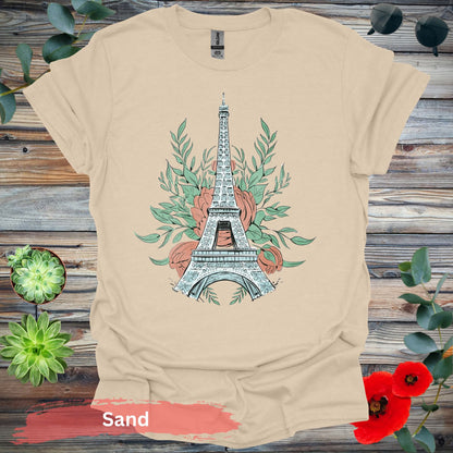 Eiffel Tower and Floral Design Graphic T-Shirt - S / Sand - Physical Item